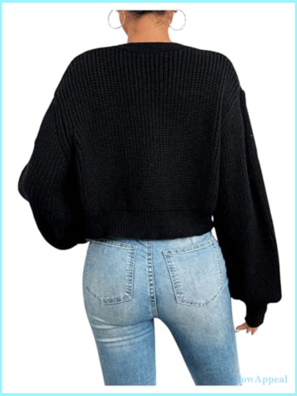 Button Down Lantern Sleeve V Neck Knitted Cropped Cardigan Sweater - Picture 2 of 6
